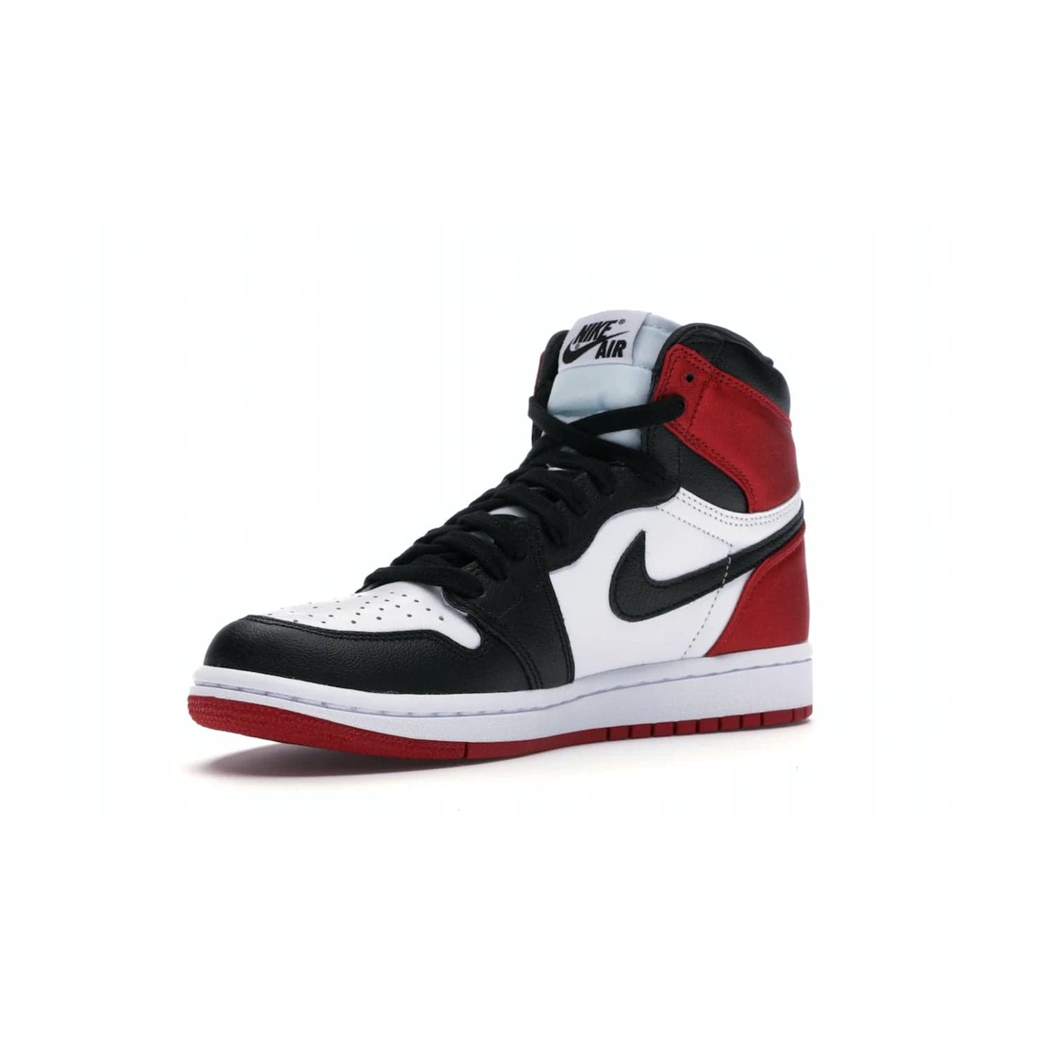 Jordan 1 Retro High Satin Black Toe (Women's) - Image 15 - Only at www.BallersClubKickz.com - Luxurious take on the timeless Air Jordan 1. Features a mix of black leather and satin materials with subtle University Red accents. Elevated look with metal Wings logo on the heel. Released in August 2019.