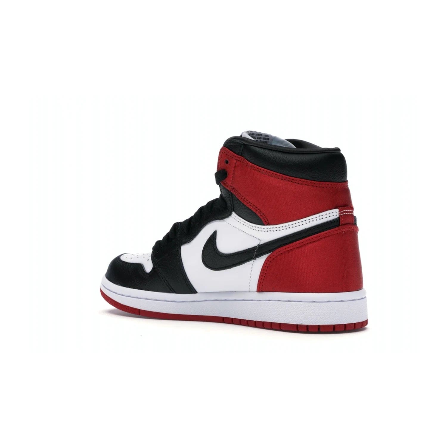 Jordan 1 Retro High Satin Black Toe (Women's) - Image 23 - Only at www.BallersClubKickz.com - Luxurious take on the timeless Air Jordan 1. Features a mix of black leather and satin materials with subtle University Red accents. Elevated look with metal Wings logo on the heel. Released in August 2019.