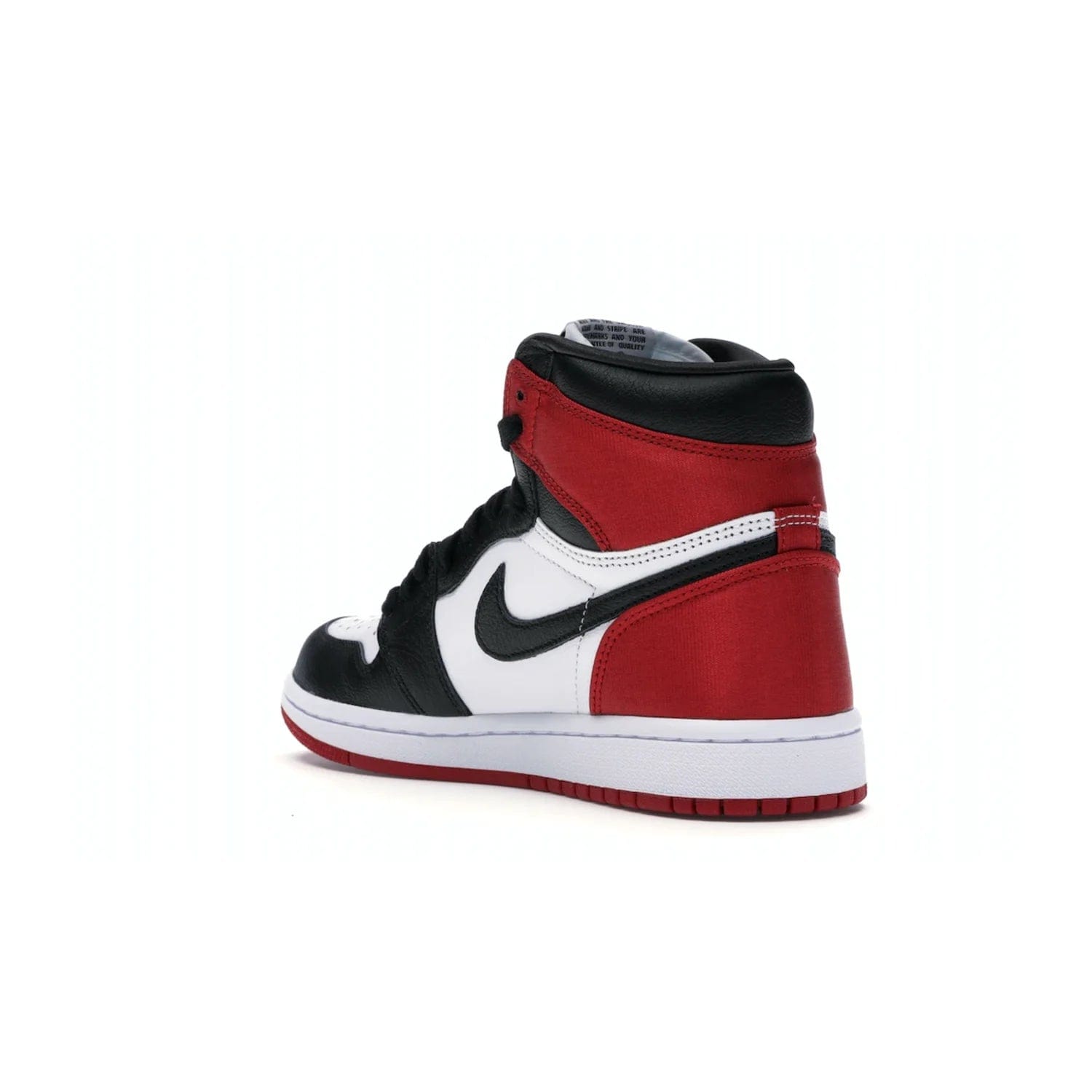 Jordan 1 Retro High Satin Black Toe (Women's) - Image 24 - Only at www.BallersClubKickz.com - Luxurious take on the timeless Air Jordan 1. Features a mix of black leather and satin materials with subtle University Red accents. Elevated look with metal Wings logo on the heel. Released in August 2019.