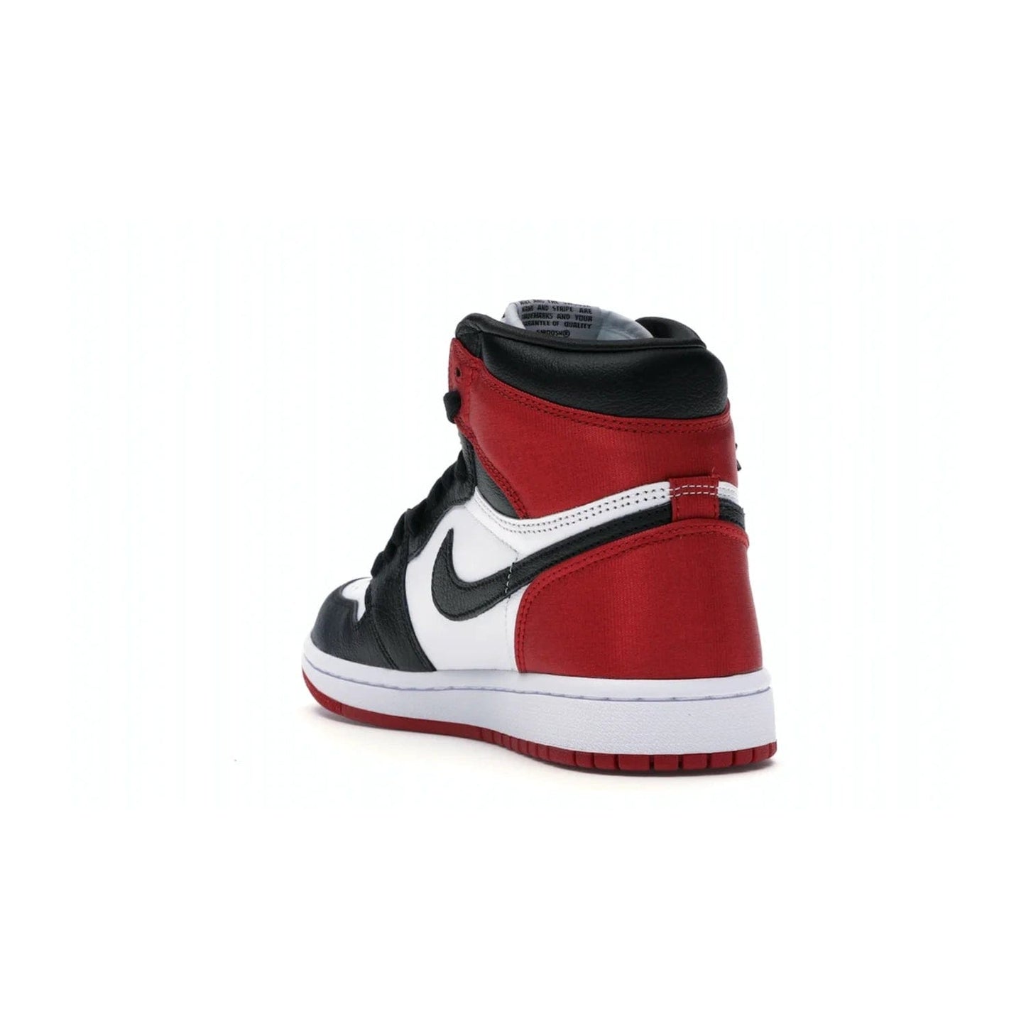 Jordan 1 Retro High Satin Black Toe (Women's) - Image 25 - Only at www.BallersClubKickz.com - Luxurious take on the timeless Air Jordan 1. Features a mix of black leather and satin materials with subtle University Red accents. Elevated look with metal Wings logo on the heel. Released in August 2019.