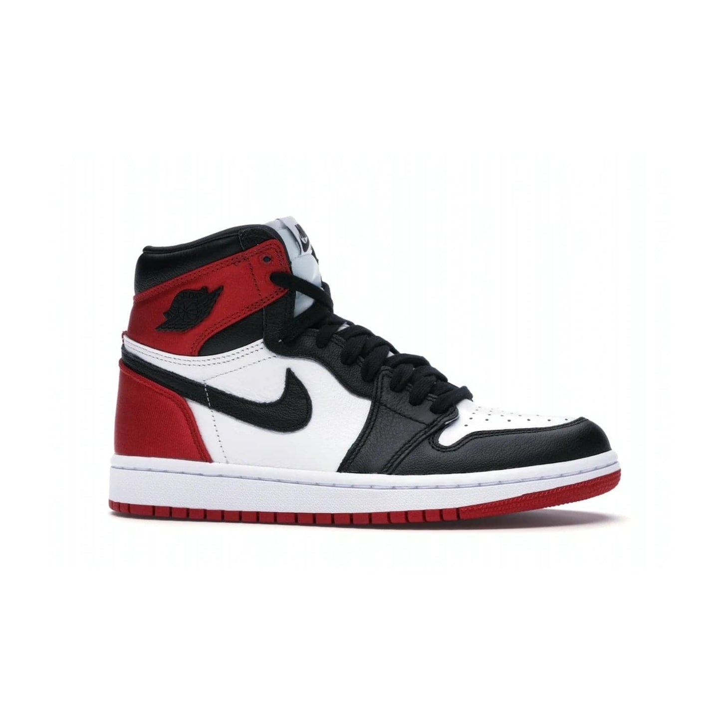 Jordan 1 Retro High Satin Black Toe (Women's) - Image 2 - Only at www.BallersClubKickz.com - Luxurious take on the timeless Air Jordan 1. Features a mix of black leather and satin materials with subtle University Red accents. Elevated look with metal Wings logo on the heel. Released in August 2019.