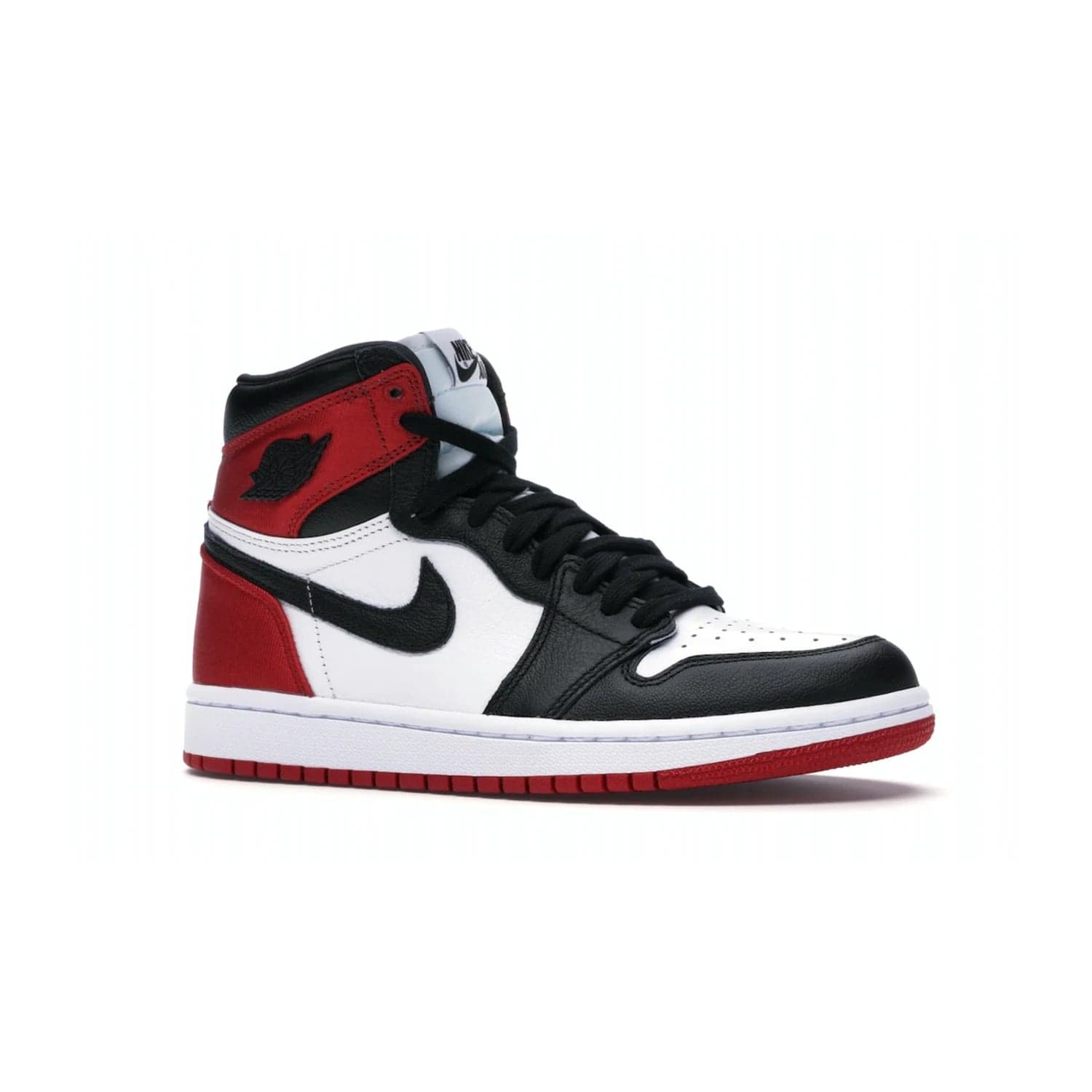 Jordan 1 Retro High Satin Black Toe (Women's) - Image 3 - Only at www.BallersClubKickz.com - Luxurious take on the timeless Air Jordan 1. Features a mix of black leather and satin materials with subtle University Red accents. Elevated look with metal Wings logo on the heel. Released in August 2019.