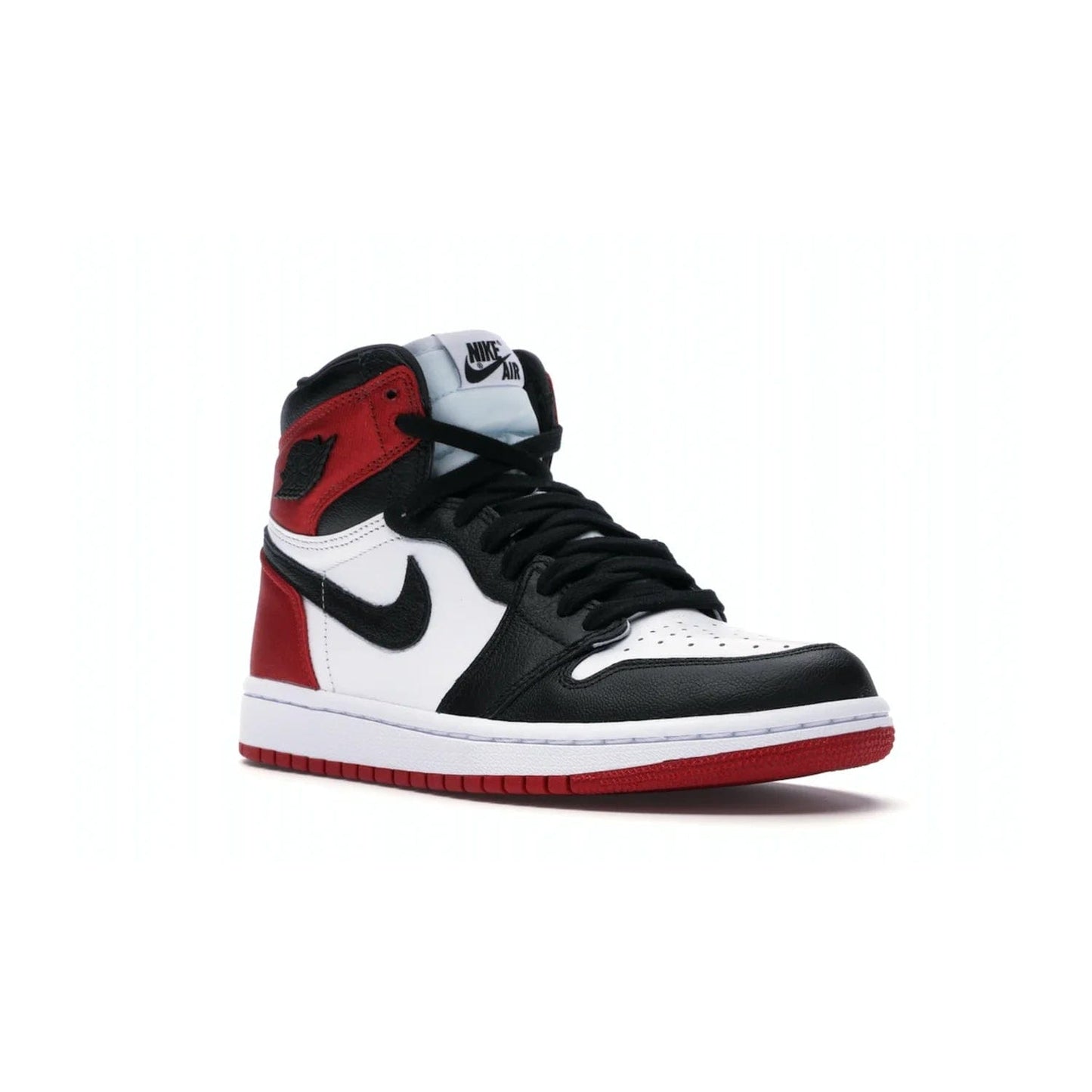 Jordan 1 Retro High Satin Black Toe (Women's) - Image 5 - Only at www.BallersClubKickz.com - Luxurious take on the timeless Air Jordan 1. Features a mix of black leather and satin materials with subtle University Red accents. Elevated look with metal Wings logo on the heel. Released in August 2019.