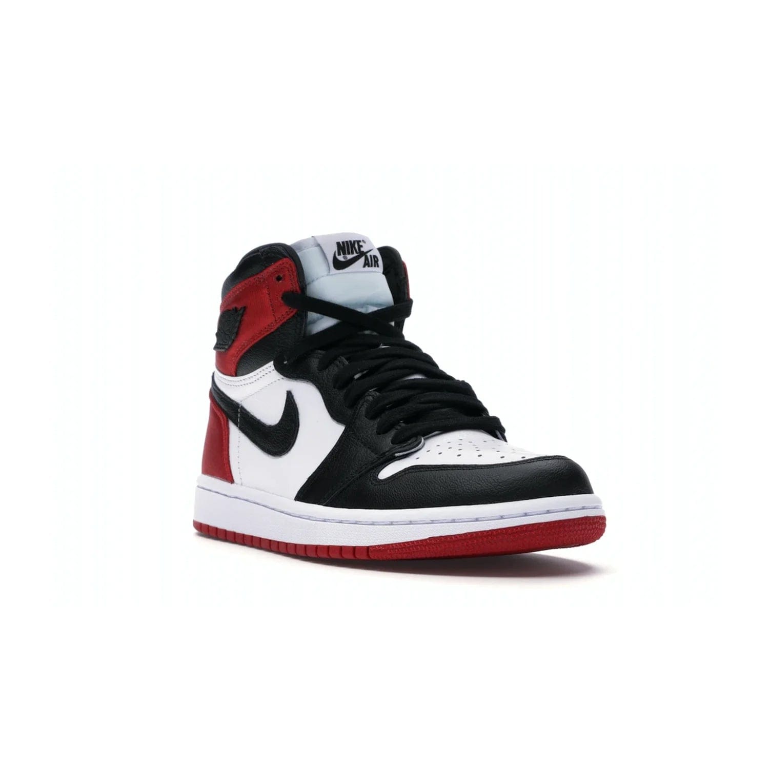 Jordan 1 Retro High Satin Black Toe (Women's) - Image 6 - Only at www.BallersClubKickz.com - Luxurious take on the timeless Air Jordan 1. Features a mix of black leather and satin materials with subtle University Red accents. Elevated look with metal Wings logo on the heel. Released in August 2019.