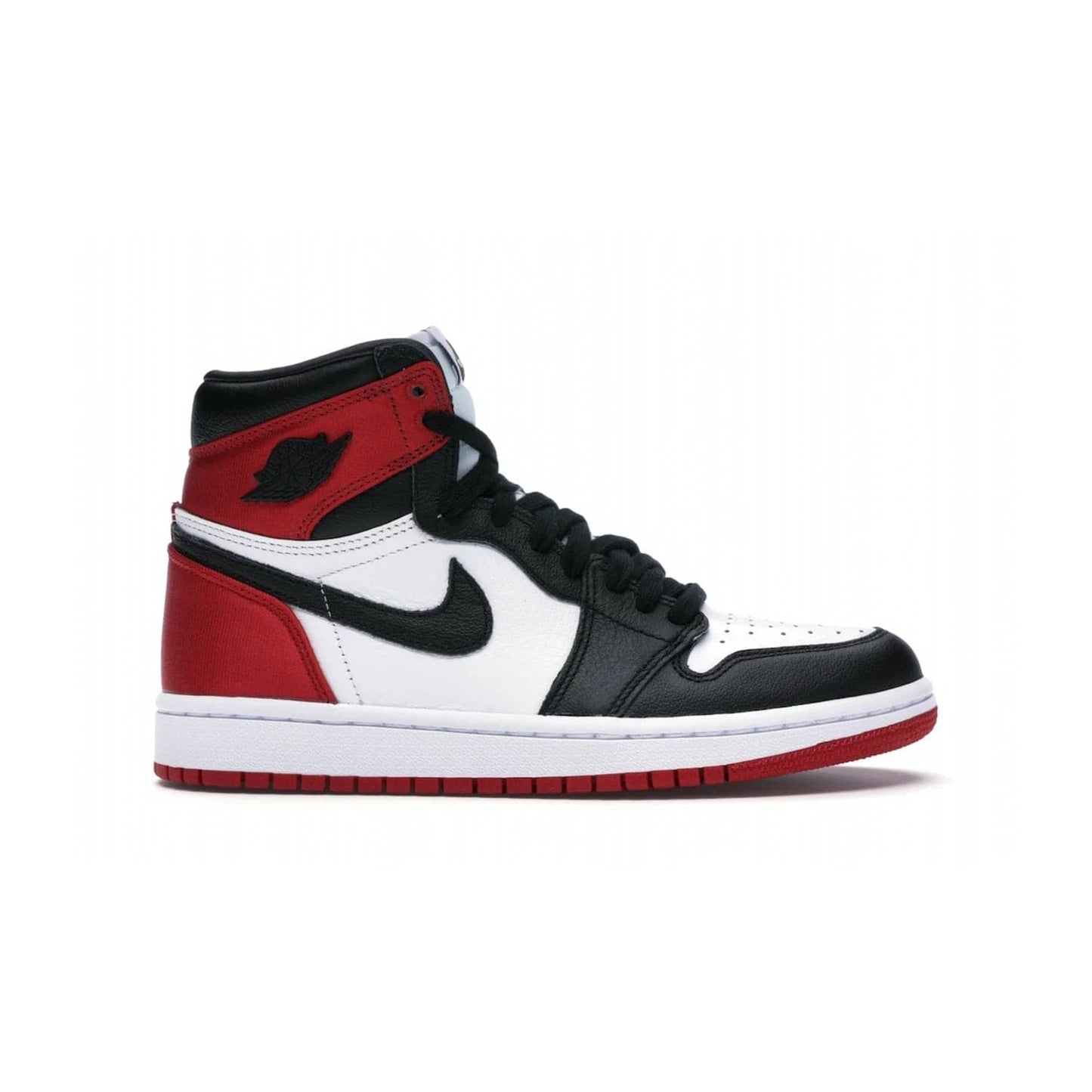 Jordan 1 Retro High Satin Black Toe (Women's) - Image 1 - Only at www.BallersClubKickz.com - Luxurious take on the timeless Air Jordan 1. Features a mix of black leather and satin materials with subtle University Red accents. Elevated look with metal Wings logo on the heel. Released in August 2019.