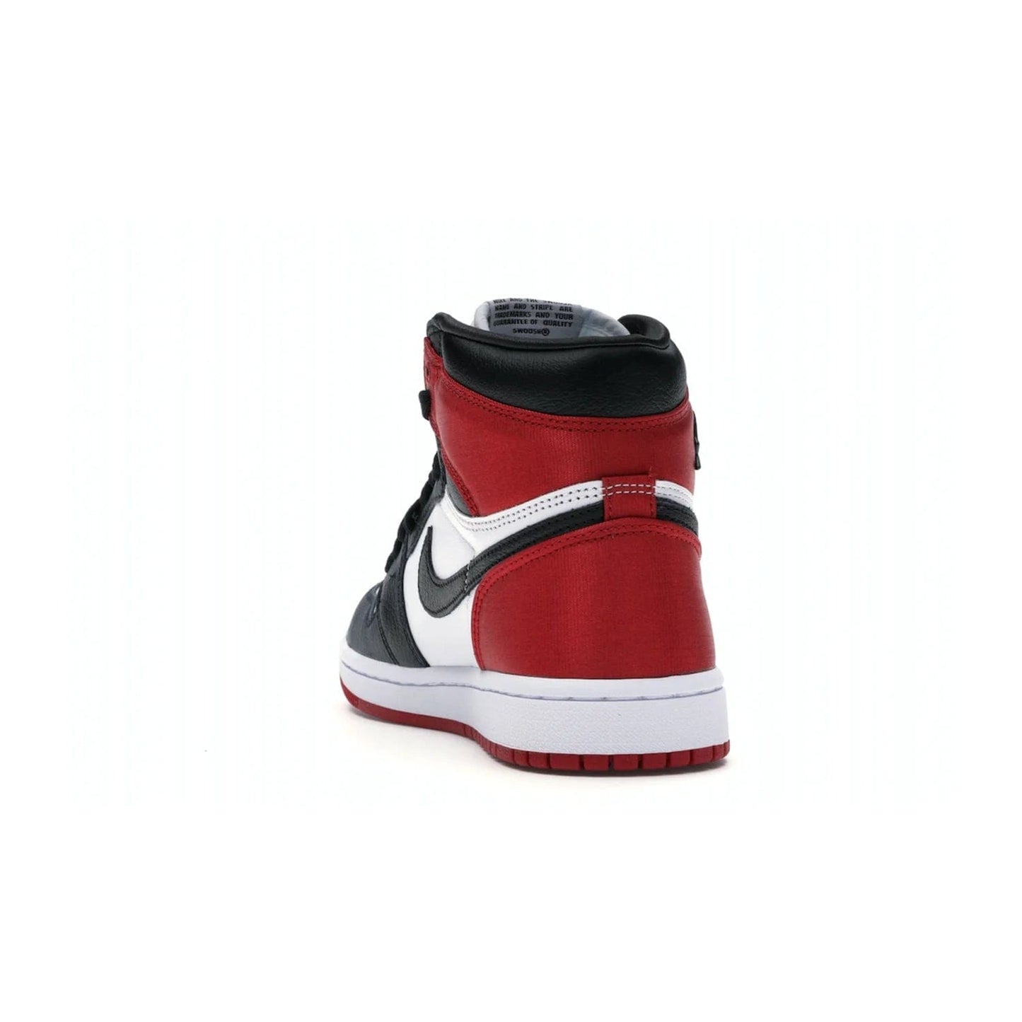 Jordan 1 Retro High Satin Black Toe (Women's) - Image 26 - Only at www.BallersClubKickz.com - Luxurious take on the timeless Air Jordan 1. Features a mix of black leather and satin materials with subtle University Red accents. Elevated look with metal Wings logo on the heel. Released in August 2019.