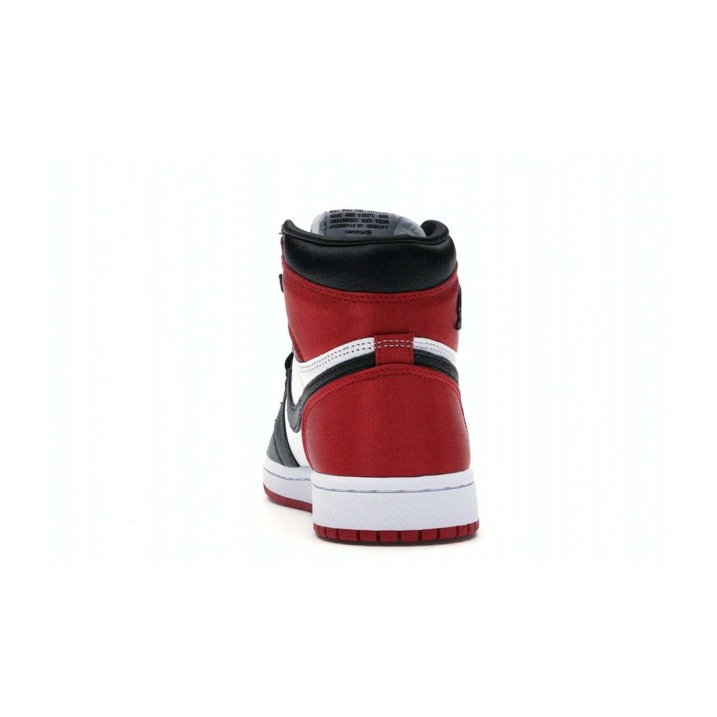Jordan 1 Retro High Satin Black Toe (Women's) - Image 27 - Only at www.BallersClubKickz.com - Luxurious take on the timeless Air Jordan 1. Features a mix of black leather and satin materials with subtle University Red accents. Elevated look with metal Wings logo on the heel. Released in August 2019.