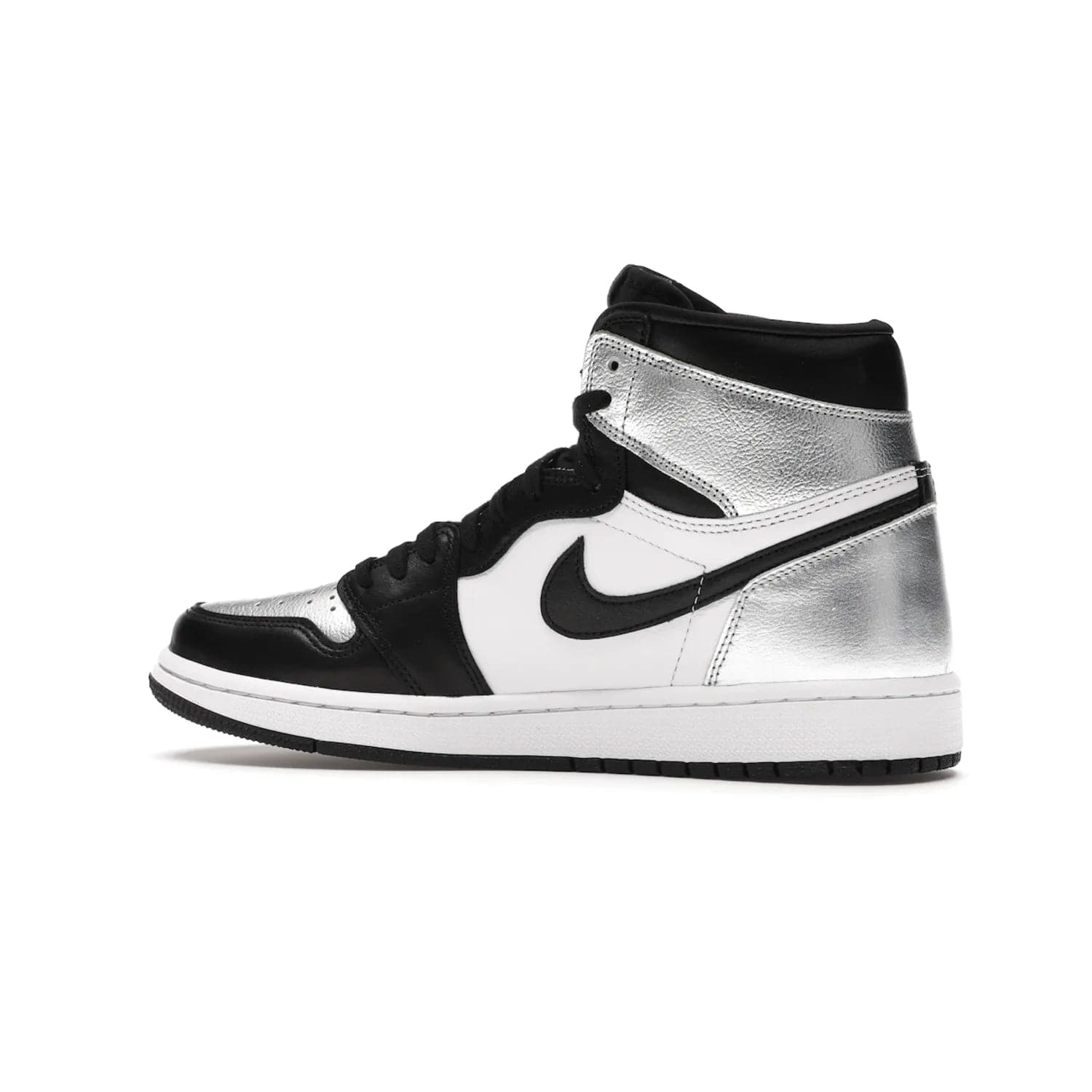 Jordan 1 Retro High Silver Toe (Women's) - Image 21 - Only at www.BallersClubKickz.com - Introducing the Jordan 1 Retro High Silver Toe (Women's): an updated spin on the iconic 'Black Toe' theme. Featuring white & black leather and silver patent leather construction. Nike Air branding, Air Jordan Wings logo, and white/black sole finish give a classic look. The perfect addition to an on-trend streetwear look. Available in classic black & white, this Jordan 1 is an instant classic. Released in February 20