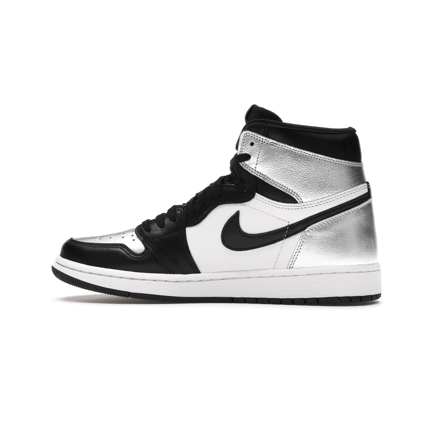 Jordan 1 Retro High Silver Toe (Women's) - Image 20 - Only at www.BallersClubKickz.com - Introducing the Jordan 1 Retro High Silver Toe (Women's): an updated spin on the iconic 'Black Toe' theme. Featuring white & black leather and silver patent leather construction. Nike Air branding, Air Jordan Wings logo, and white/black sole finish give a classic look. The perfect addition to an on-trend streetwear look. Available in classic black & white, this Jordan 1 is an instant classic. Released in February 20