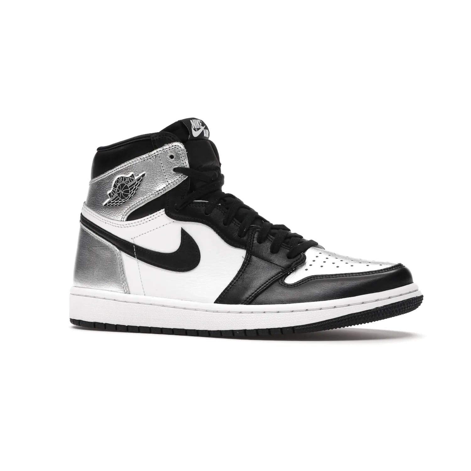 Jordan 1 Retro High Silver Toe (Women's) - Image 3 - Only at www.BallersClubKickz.com - Introducing the Jordan 1 Retro High Silver Toe (Women's): an updated spin on the iconic 'Black Toe' theme. Featuring white & black leather and silver patent leather construction. Nike Air branding, Air Jordan Wings logo, and white/black sole finish give a classic look. The perfect addition to an on-trend streetwear look. Available in classic black & white, this Jordan 1 is an instant classic. Released in February 202