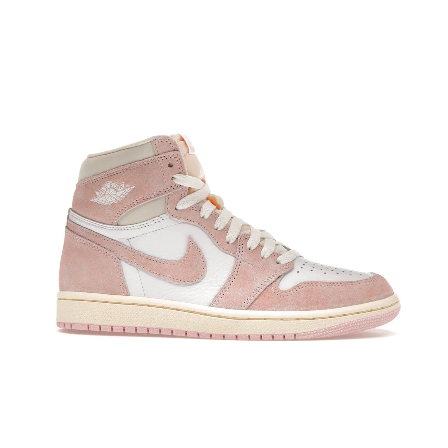 Jordan 1 Retro High OG Washed Pink (Women's) - Image 2 - Only at www.BallersClubKickz.com - Iconic Air Jordan 1 Retro High OG for women with unique pink suede and white leather uppers. Get the timeless look on April 22, 2023.