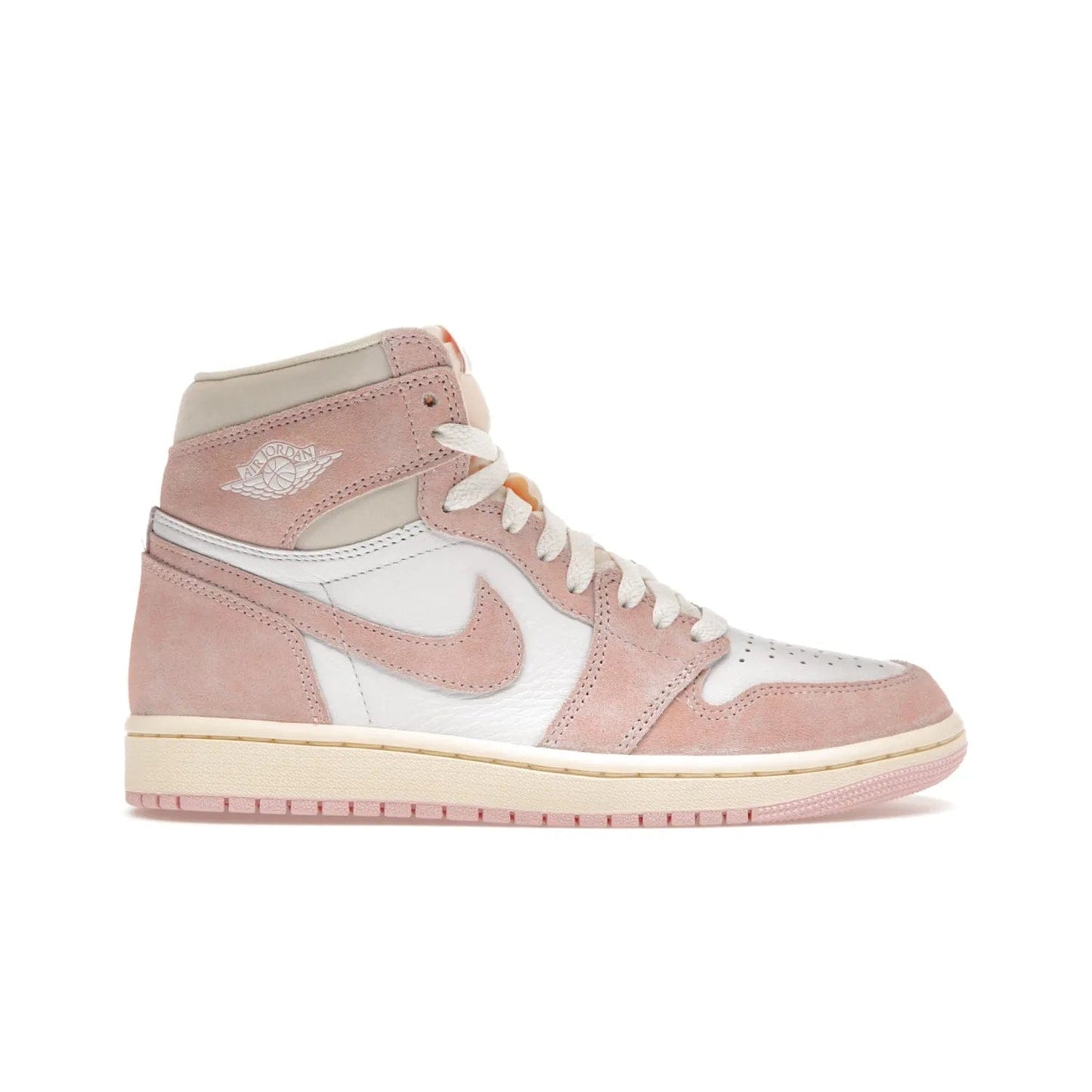 Jordan 1 Retro High OG Washed Pink (Women's) - Image 1 - Only at www.BallersClubKickz.com - Iconic Air Jordan 1 Retro High OG for women with unique pink suede and white leather uppers. Get the timeless look on April 22, 2023.