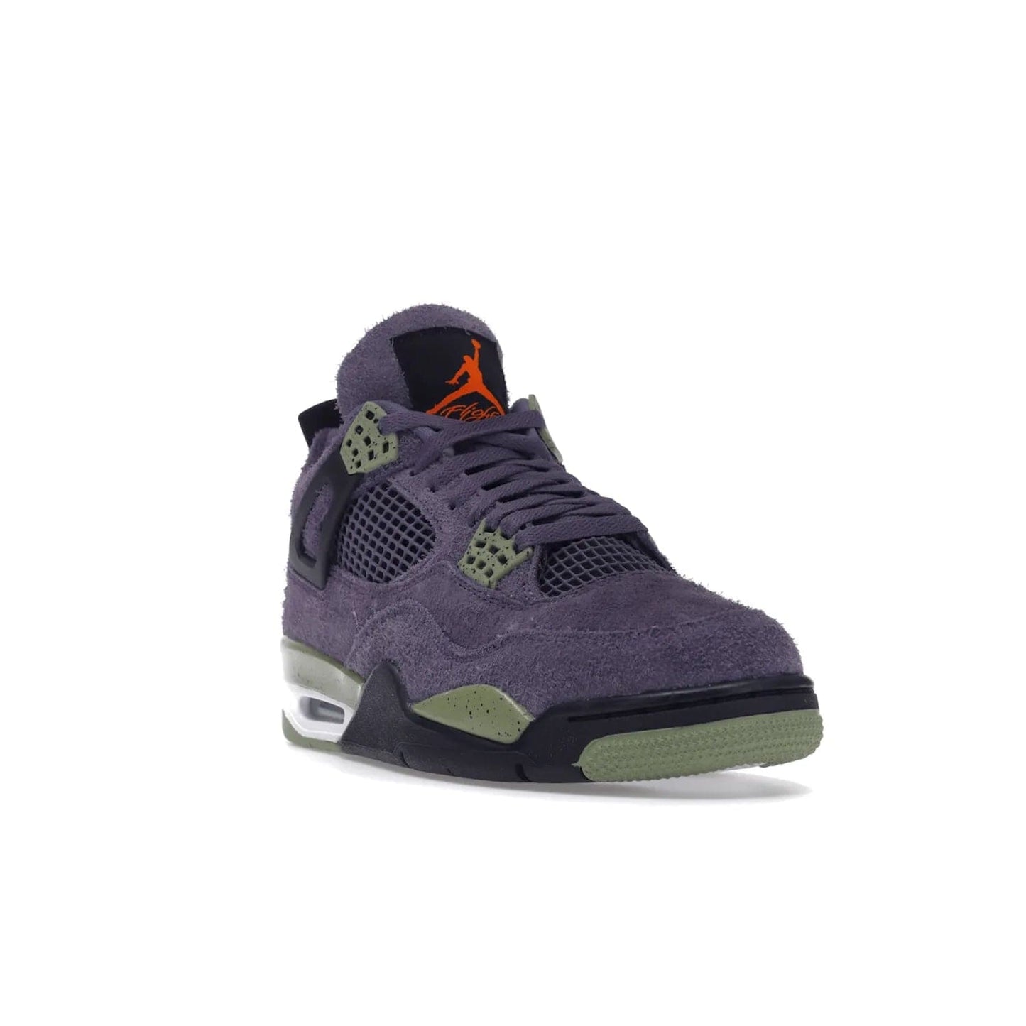 Jordan 4 Retro Canyon Purple (Women's) - Image 7 - Only at www.BallersClubKickz.com - New Air Jordan 4 Retro Canyon Purple W sneaker features shaggy purple suede, lime highlights & safety orange Jumpman branding. Classic ankle-hugging silhouette with modern colors released 15/10/2022.