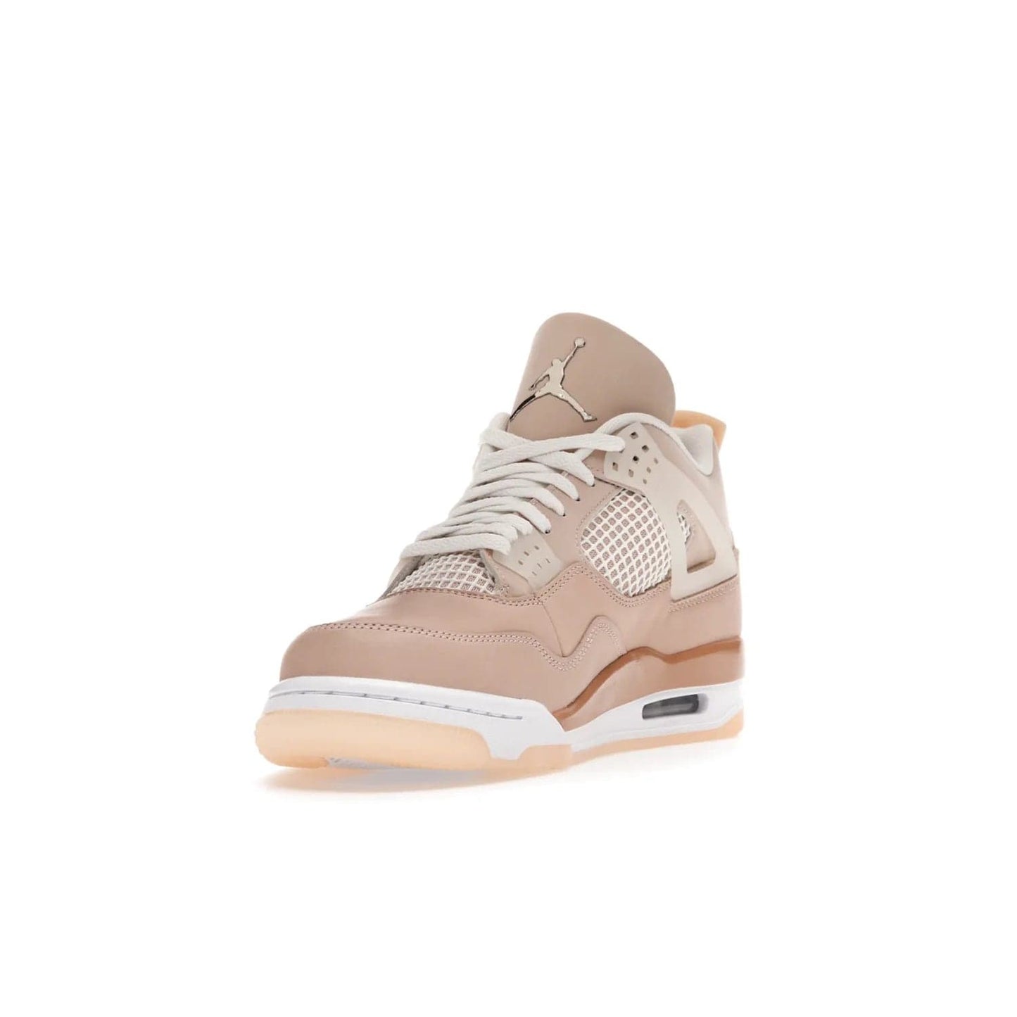 Jordan 4 Retro Shimmer (Women's) - Image 13 - Only at www.BallersClubKickz.com - Air Jordan 4 Shimmer (W): A women's-exclusive design with a buttery beige upper and Silver/Orange Bronze details. Durabuck and metallic Jumpman branding elevate the iconic silhouette. Shop now.