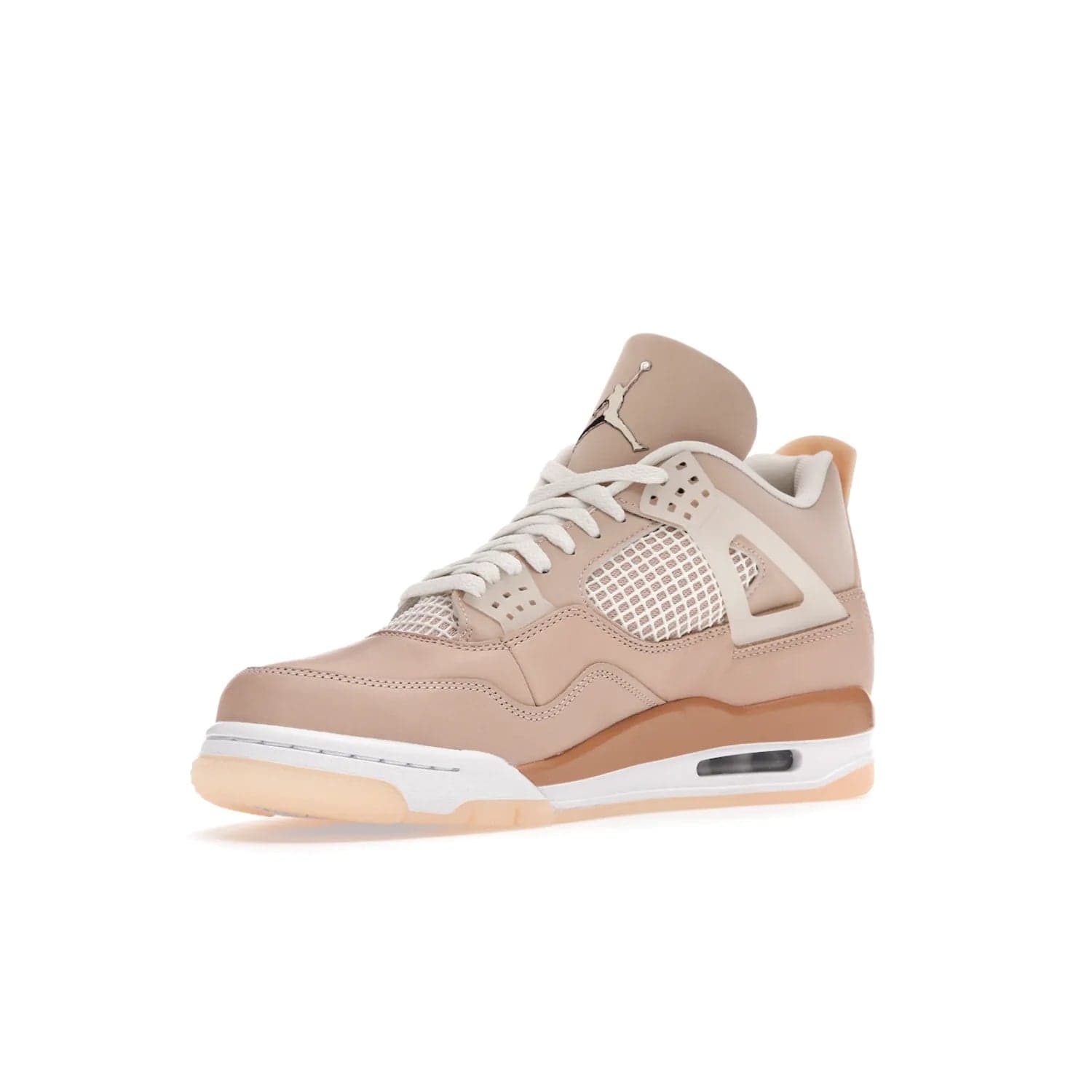 Jordan 4 Retro Shimmer (Women's) - Image 15 - Only at www.BallersClubKickz.com - Air Jordan 4 Shimmer (W): A women's-exclusive design with a buttery beige upper and Silver/Orange Bronze details. Durabuck and metallic Jumpman branding elevate the iconic silhouette. Shop now.