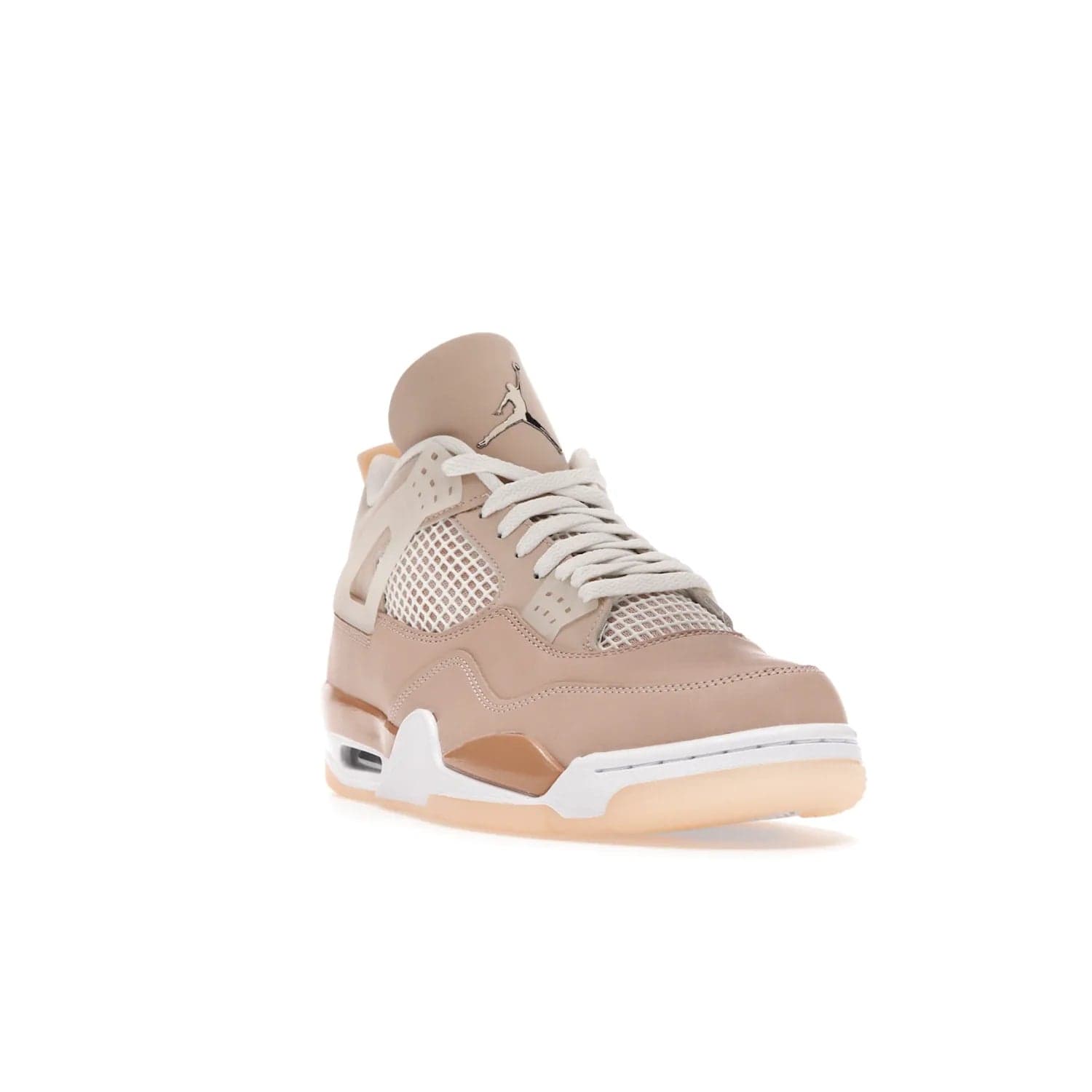 Jordan 4 Retro Shimmer (Women's) - Image 7 - Only at www.BallersClubKickz.com - Air Jordan 4 Shimmer (W): A women's-exclusive design with a buttery beige upper and Silver/Orange Bronze details. Durabuck and metallic Jumpman branding elevate the iconic silhouette. Shop now.