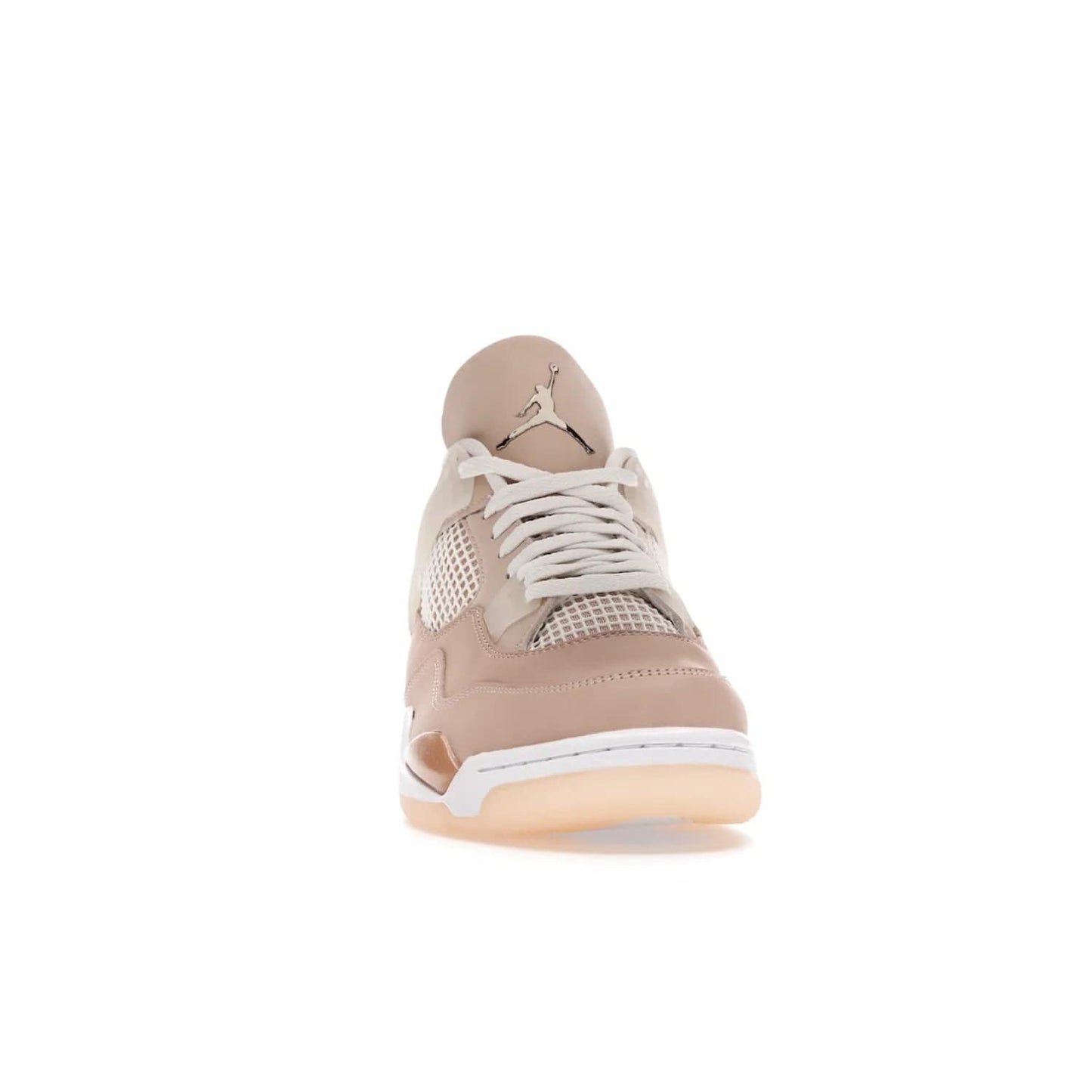 Jordan 4 Retro Shimmer (Women's) - Image 9 - Only at www.BallersClubKickz.com - Air Jordan 4 Shimmer (W): A women's-exclusive design with a buttery beige upper and Silver/Orange Bronze details. Durabuck and metallic Jumpman branding elevate the iconic silhouette. Shop now.
