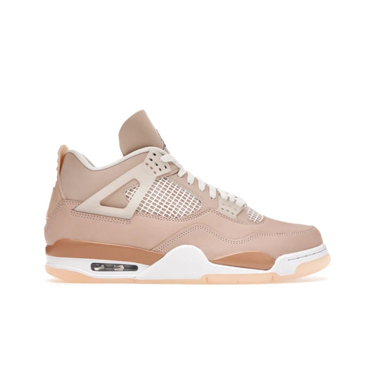 Jordan 4 Retro Shimmer (Women's) - Image 1 - Only at www.BallersClubKickz.com - Air Jordan 4 Shimmer (W): A women's-exclusive design with a buttery beige upper and Silver/Orange Bronze details. Durabuck and metallic Jumpman branding elevate the iconic silhouette. Shop now.