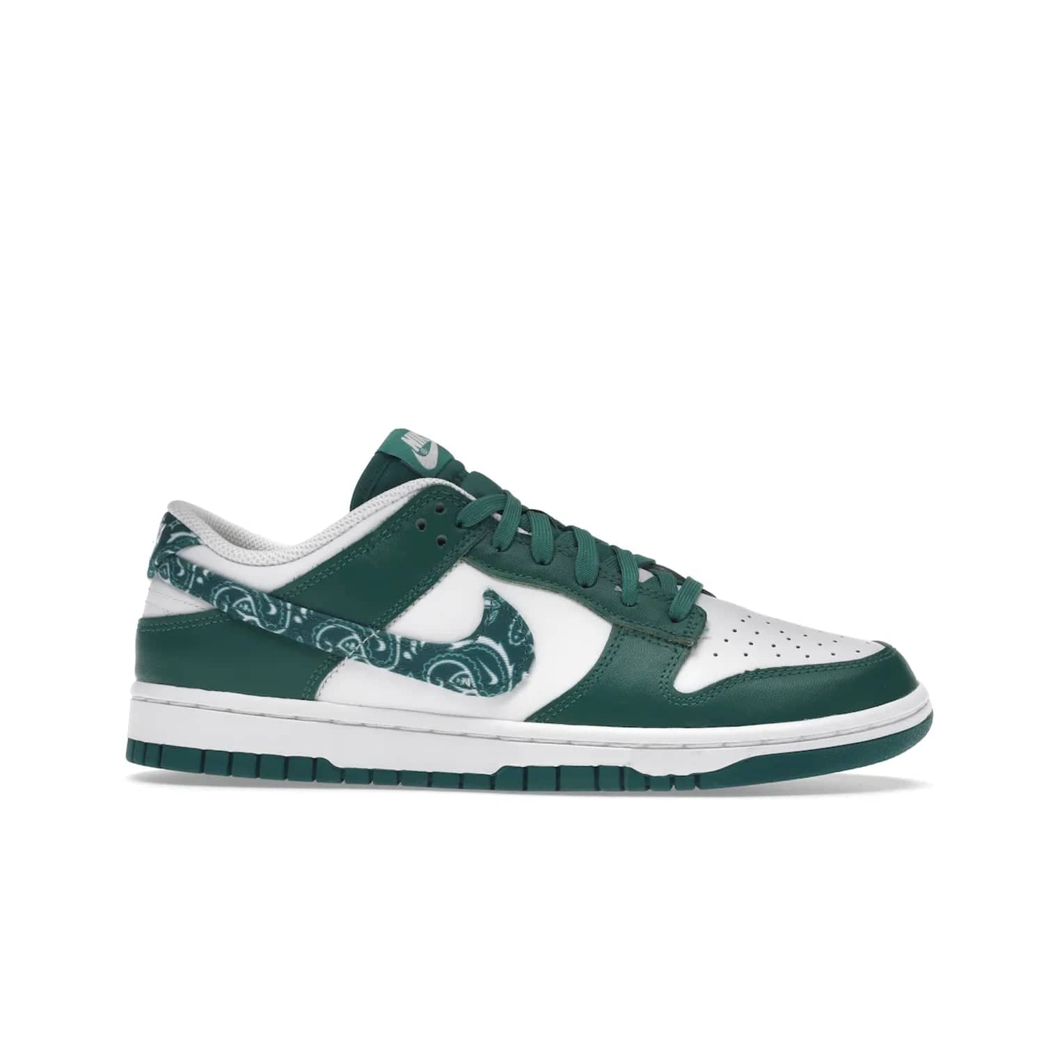 Nike Dunk Low Essential Paisley Pack Green (Women's) - Image 2 - Only at www.BallersClubKickz.com - Get the iconic Nike Dunk Low Essential Paisley Pack Green W. This 2021 sneaker is a must-have! Featuring bandana prints, perforated toe box, and designed outsole for grip. Get it on 10th March for $120.